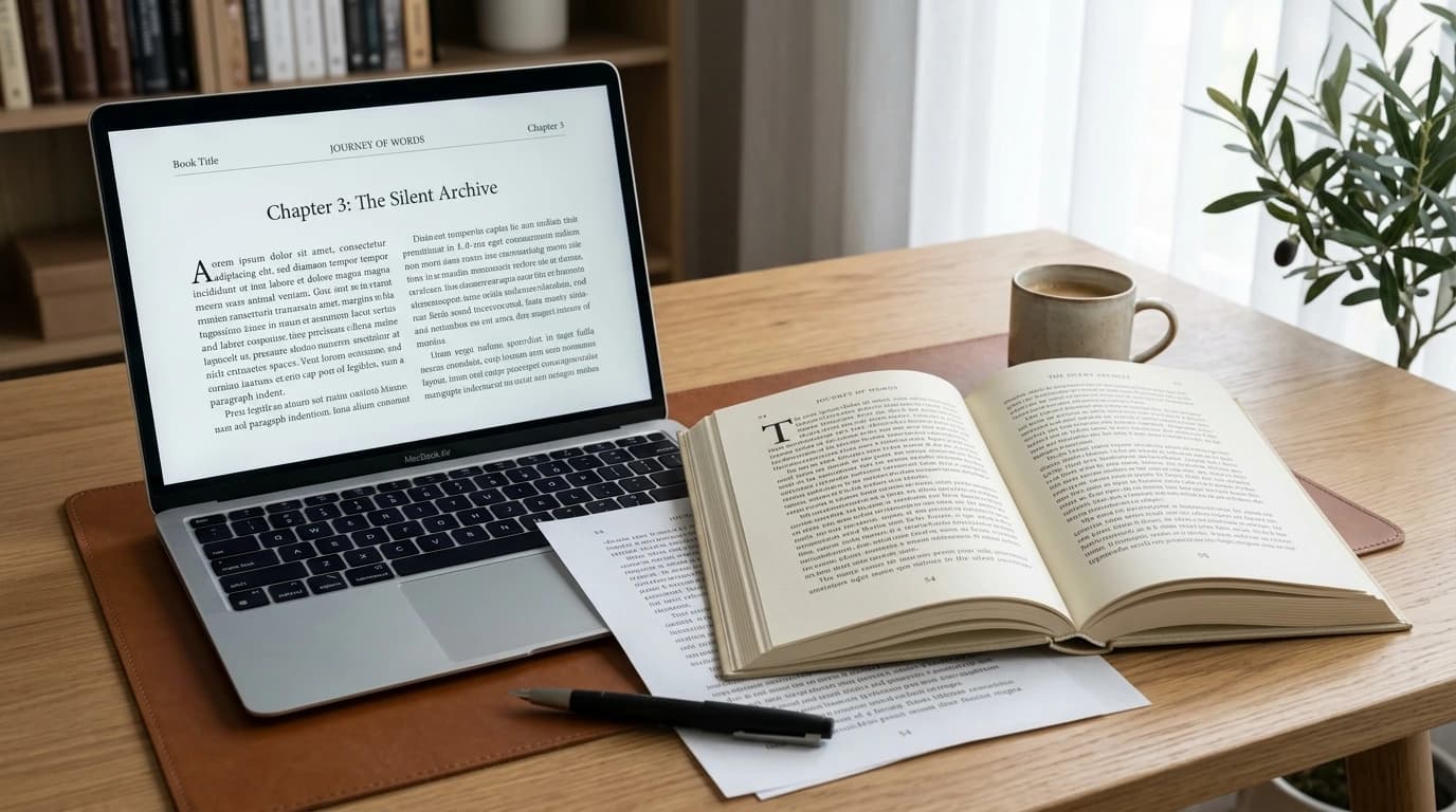 Laptop and open book showing formatted manuscript on a desk