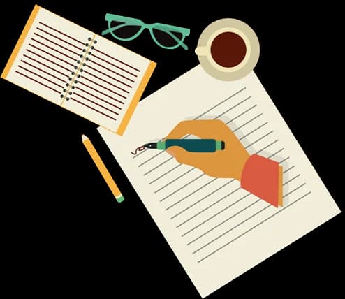 Illustration of a marketing workspace with notebook, coffee, and writing tools