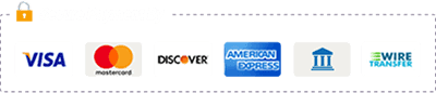 Secure payment methods: Visa, Mastercard, Discover, American Express, Bank, and Wire Transfer