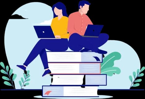 Illustration of authors planning a book strategy on laptops