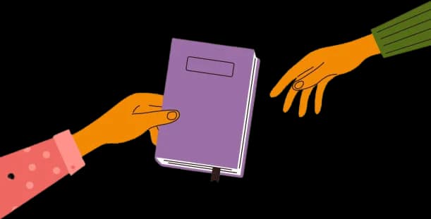 Illustration of hands exchanging a published book