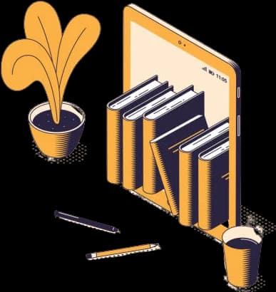 Illustration of a book launch with tablet and creative tools