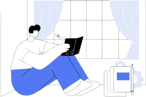 Illustration of a person writing in a notebook by a window