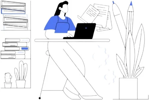 Illustration of a person creating content at a desk with books