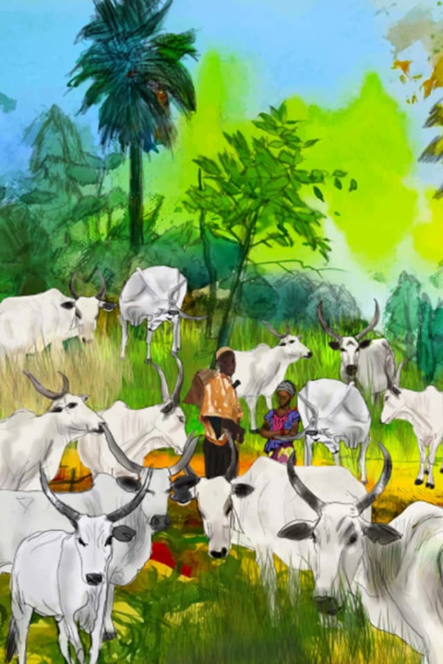 Pastoral illustration of cattle in a green field