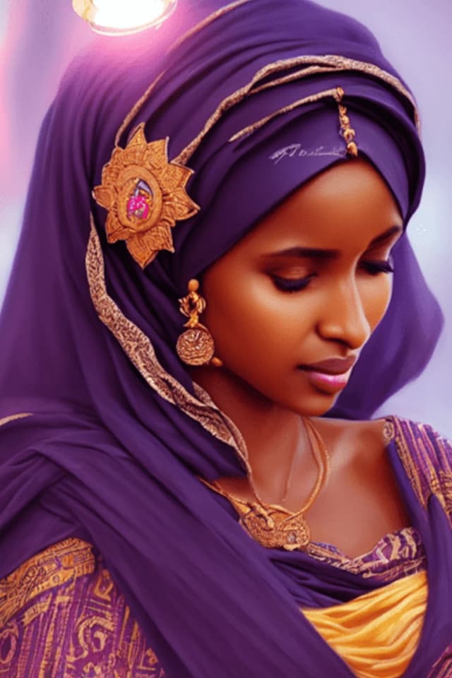 Detailed portrait with ornate purple headwear