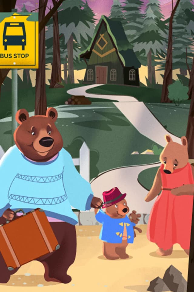 Cartoon bear family at a bus stop